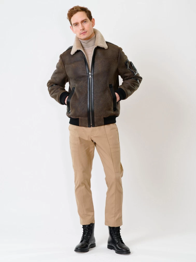 Короткая дубленка бомбер премиум класса для мужчин 428, коричневая, размер 50, артикул 70340-3