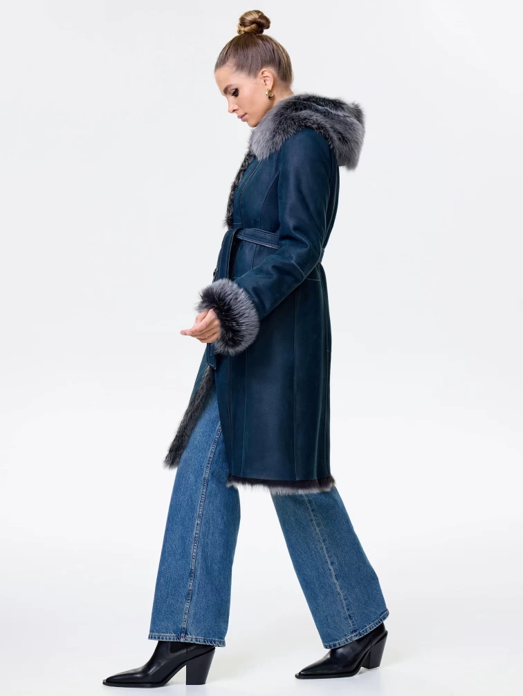 Длинная женская дубленка из тосканы с капюшоном 123нк, синяя, размер 40, артикул 61913-7