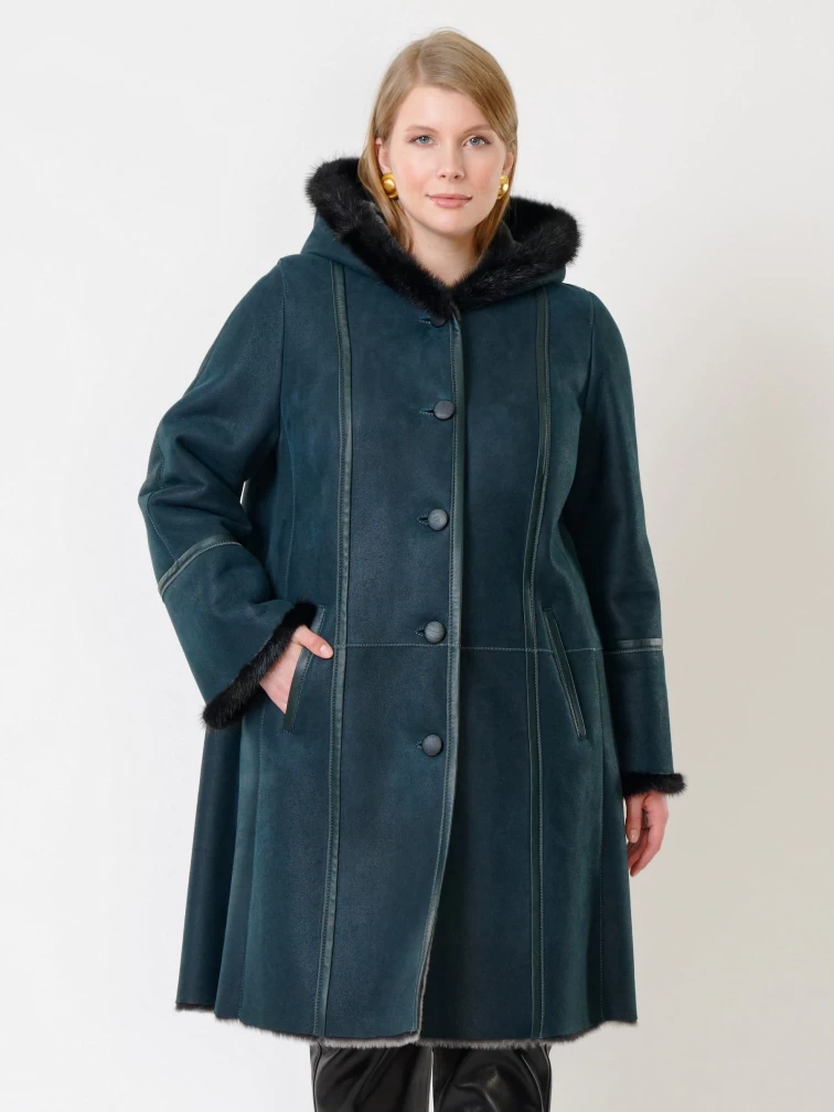 Женская дубленка с капюшоном и отделкой из меха норки 225у, синяя, размер 66, артикул 14860-1