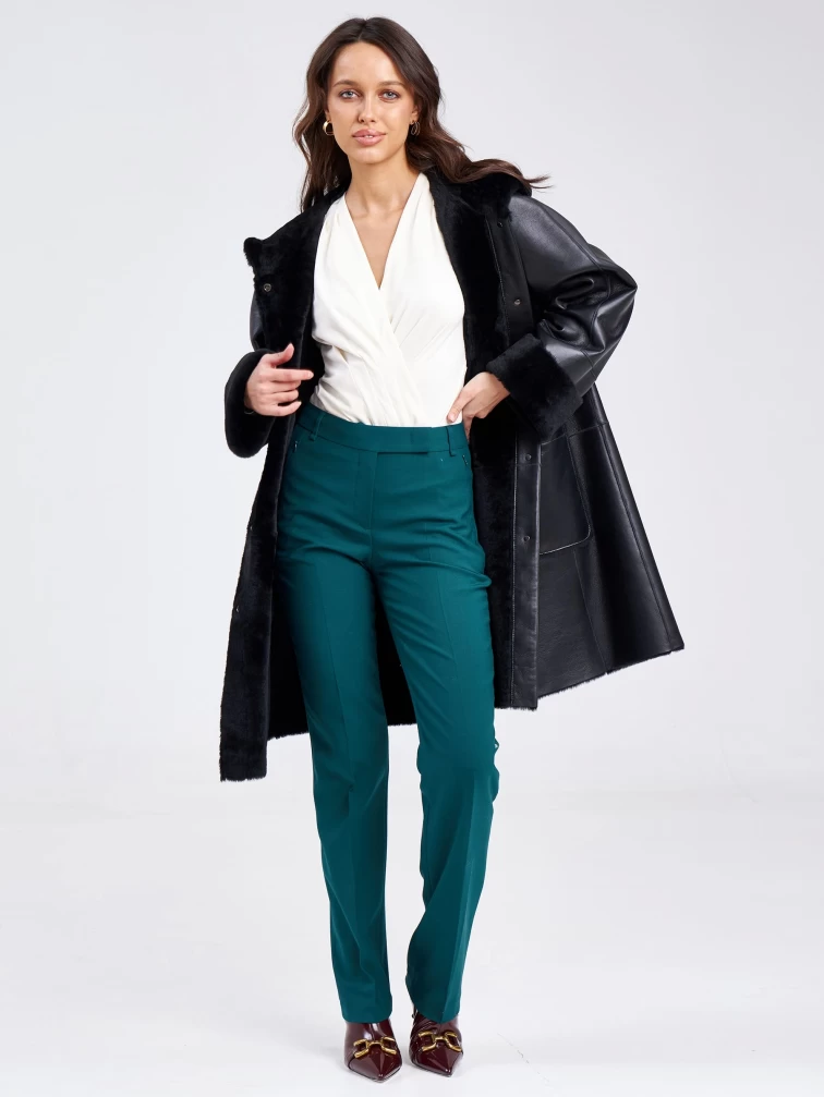 Женское классическое пальто с капюшоном из натуральной овчины премиум класса 2004, черное, размер 56, артикул 63800-2