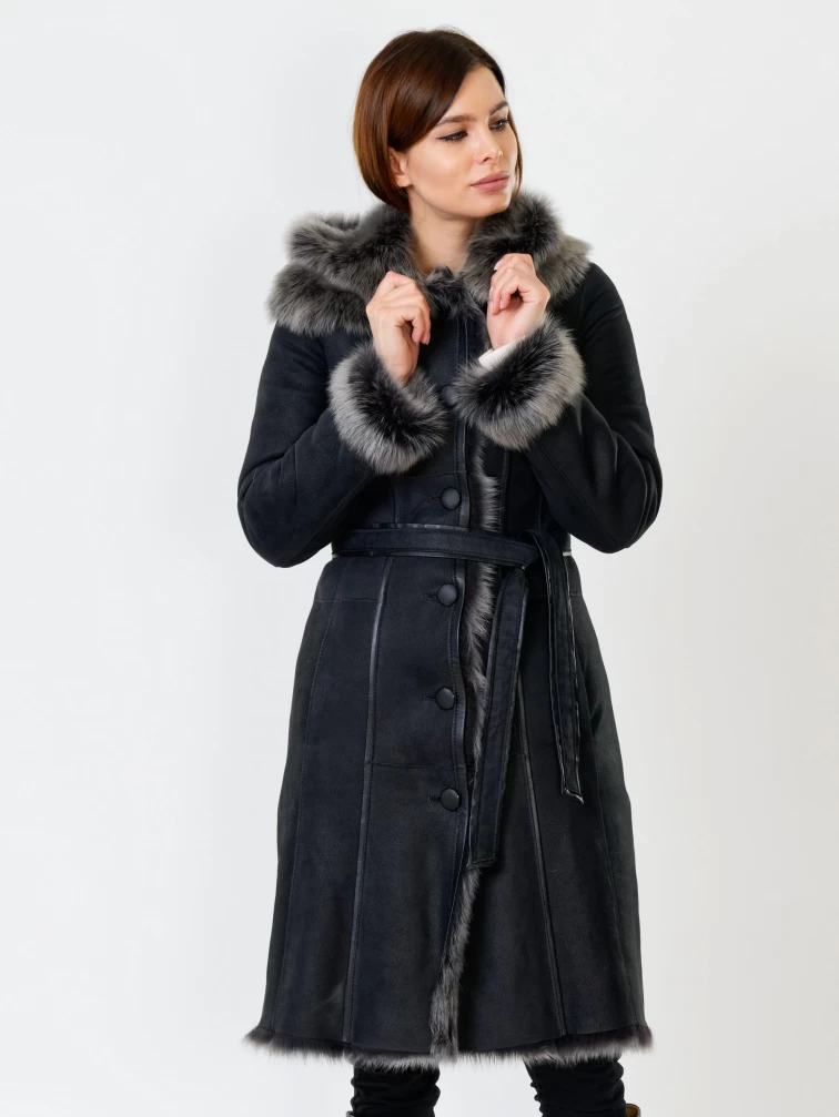 Длинная женская дубленка из тосканы с капюшоном 123нк, черная, размер 52, артикул 61871-2