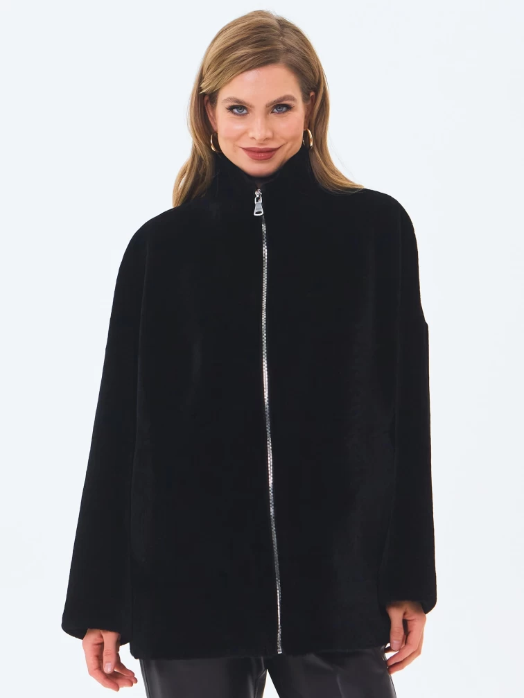 Короткая женская шуба из астрагана на молнии 2065, черная, размер 48, артикул 64670-7