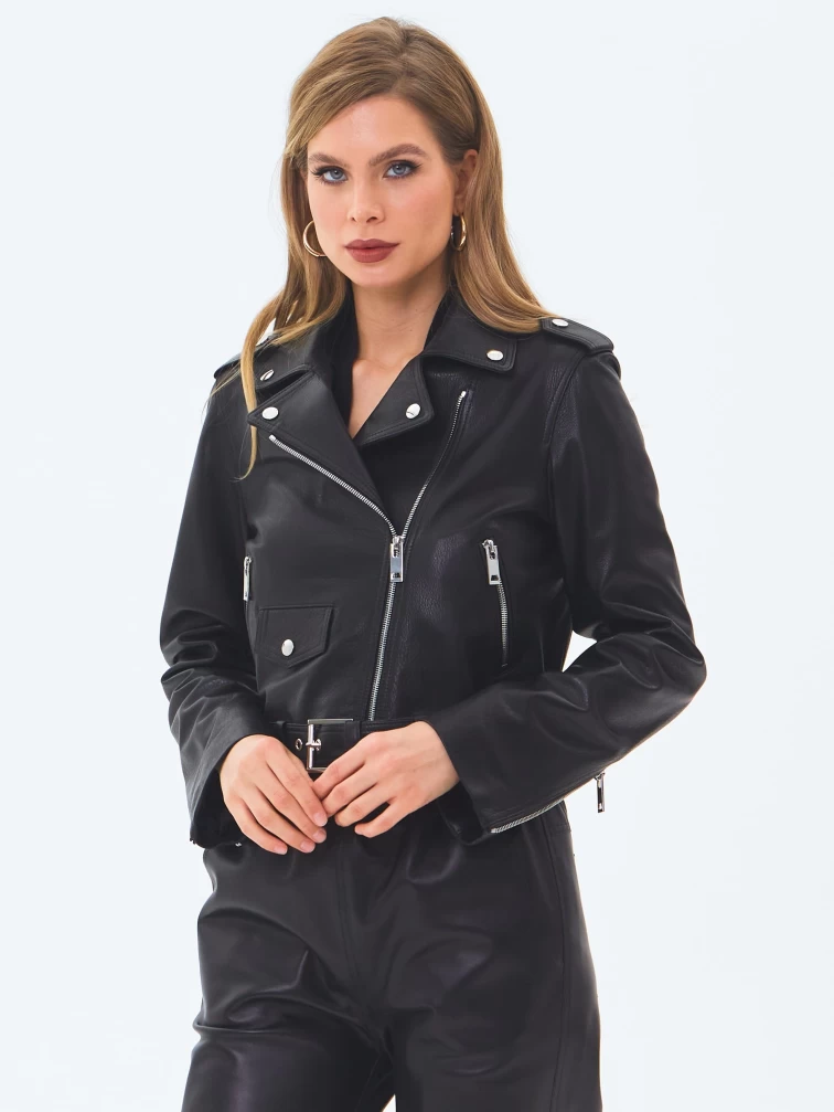 Женская кожаная куртка косуха с поясом премиум класса 3080, черная, размер 42, артикул 24540-7