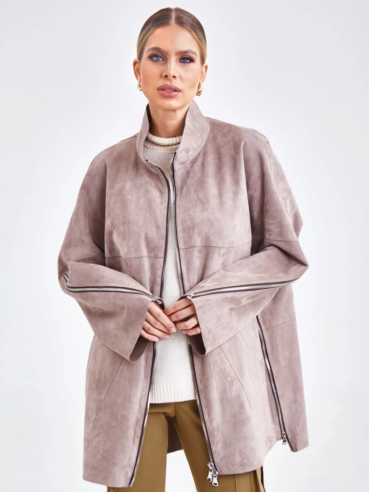 Женская замшевая куртка оверсайз премиум класса 3037 , светло-коричневая, размер 46, артикул 23161-1