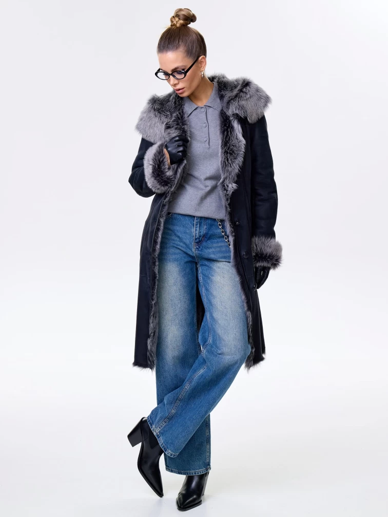 Длинная женская дубленка из тосканы с капюшоном 123нк, черная, размер 52, артикул 61893-7