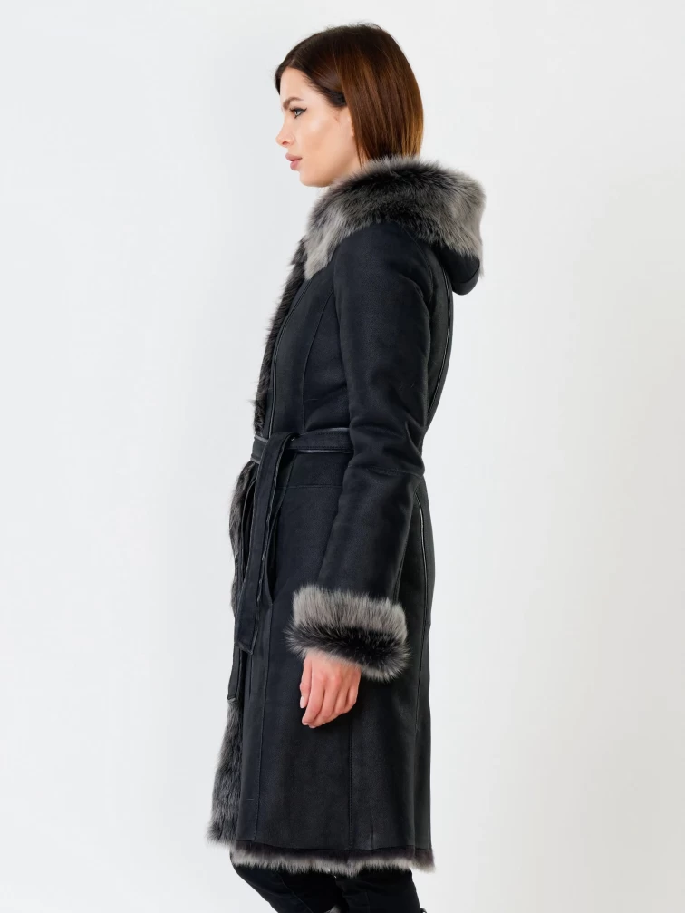 Длинная женская дубленка из тосканы с капюшоном 123нк, черная, размер 52, артикул 61871-5