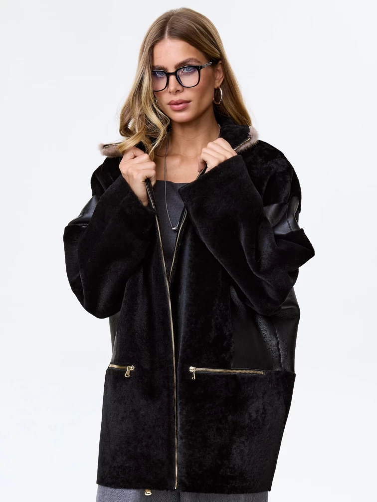 Женское полупальто с норковым воротником из натуральной овчины премиум класса 2057, черное, размер 52, артикул 64330-4