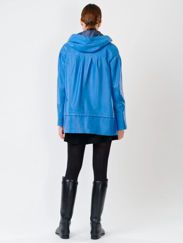 Кожаная женская куртка с капюшоном 303у, голубая, размер 54, артикул 90690-4