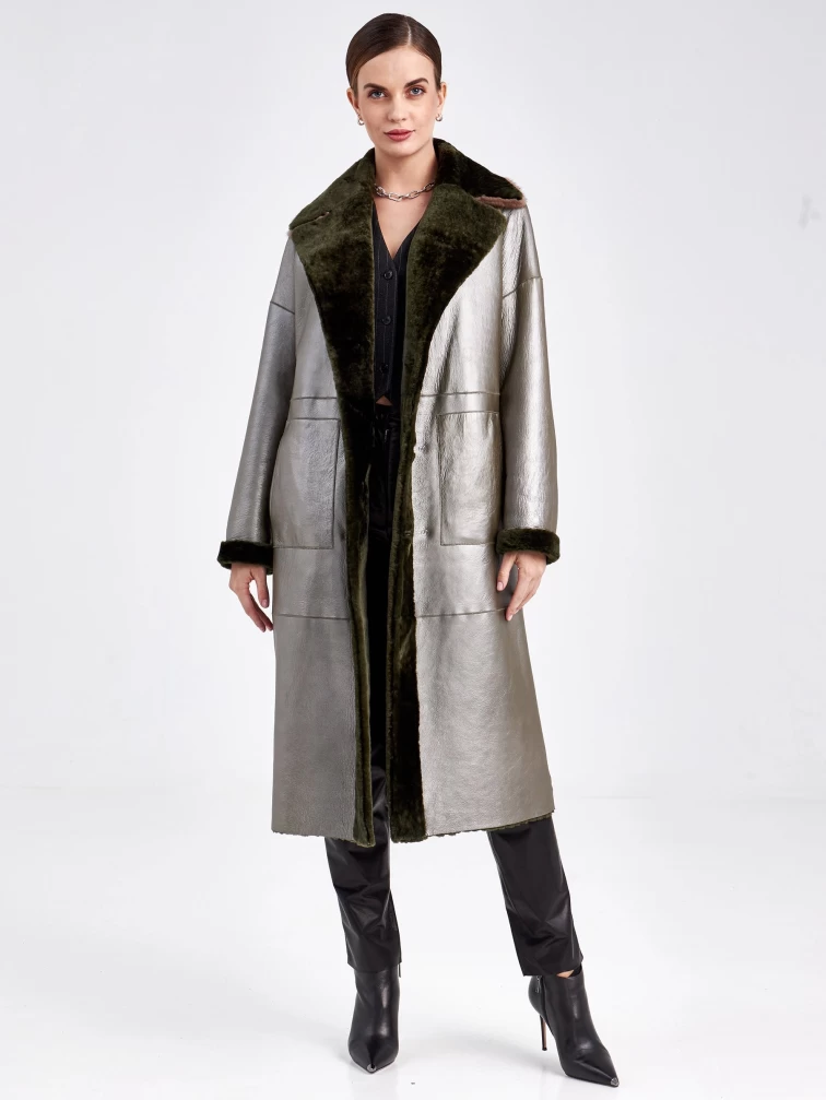 Двусторонняя двубортная женская шуба из астрагана с мехом норки премиум класса 2017, хаки, размер 48, артикул 62791-3
