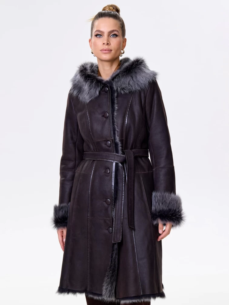 Длинная женская дубленка из тосканы с капюшоном 123нк, коричневая, размер 56, артикул 61483-0