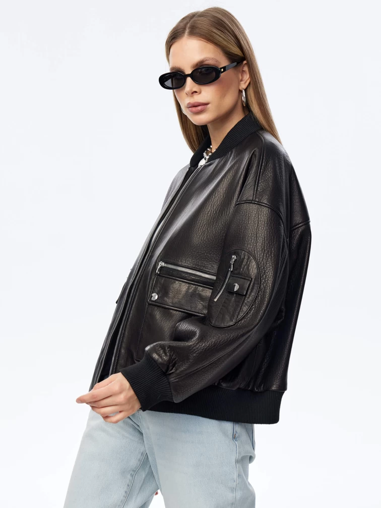 Короткая кожаная куртка бомбер для женщин премиум класса 3064, черная, размер 44, артикул 24040-0