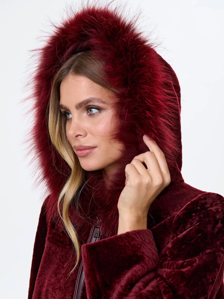 Женская шуба с капюшоном из астрагана с мехом песца 48мех, бордовая, размер 48, артикул 13800-2
