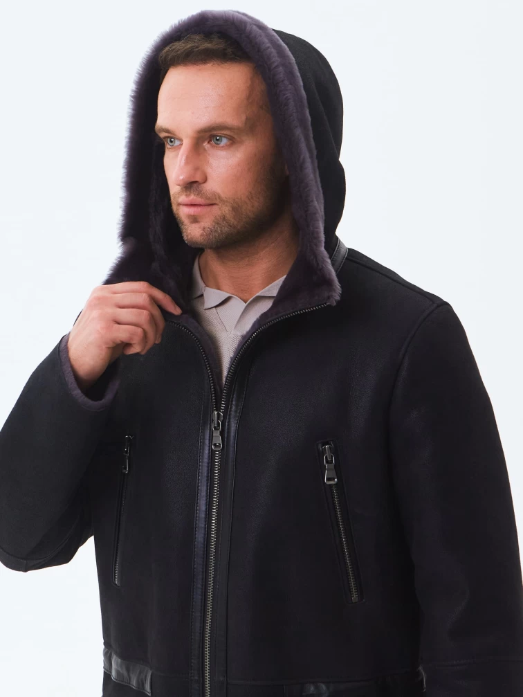 Длинная мужская дубленка с капюшоном премиум класса 429, черная, размер 52, артикул 71460-3