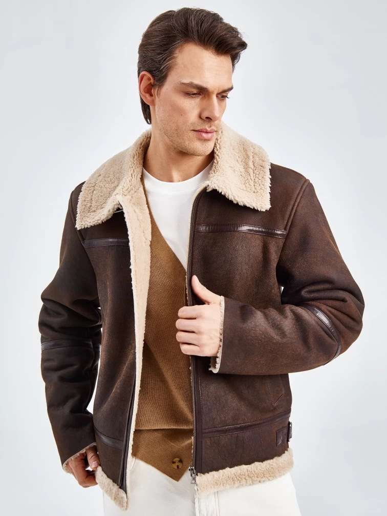 Короткая мужская дубленка пилот из овчины керли премиум класса 430, коричневая, размер 48, артикул 70571-4