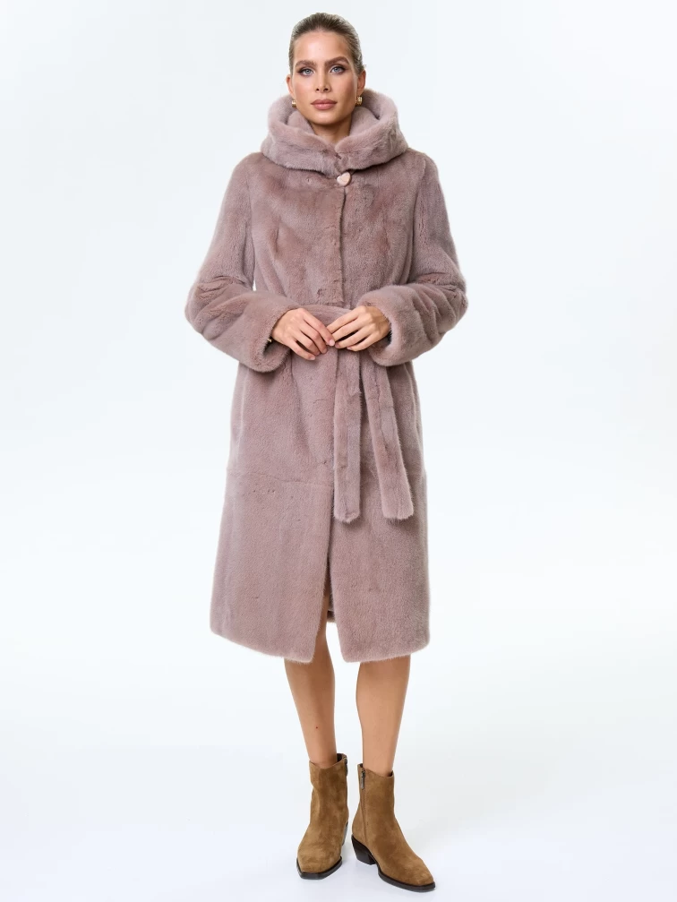 Норковая шуба женская с капюшоном под пояс Лолита(к), пудровая, размер 46, артикул 34170-1