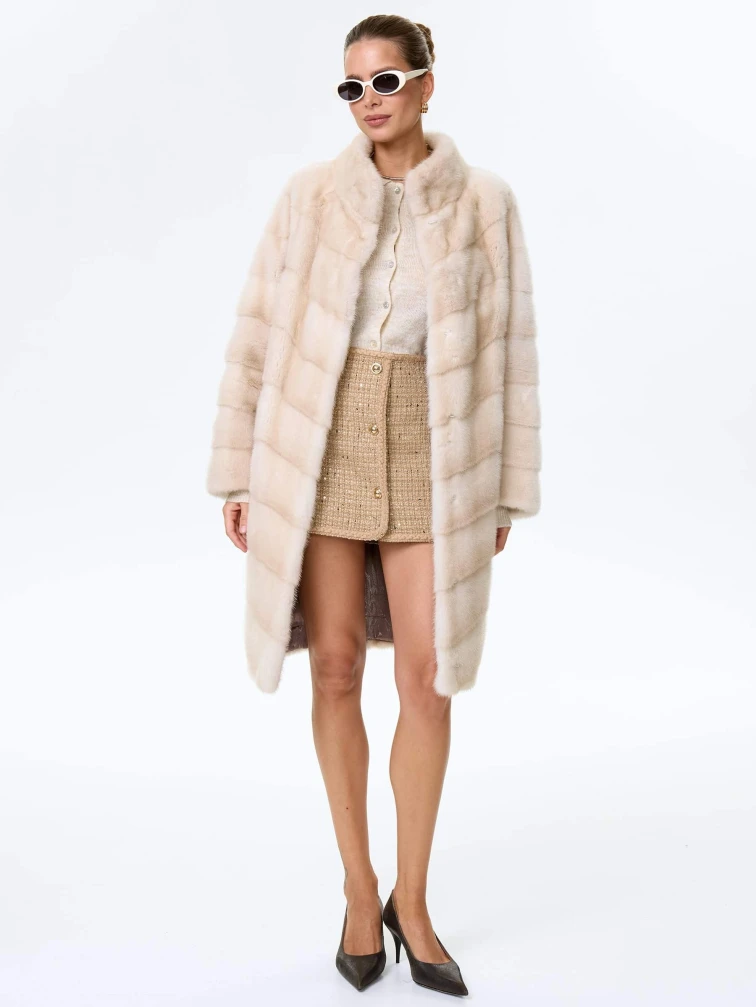 Поперечная женская норковая шуба премиум класса София(с), жемчужная, размер 50, артикул 34110-7