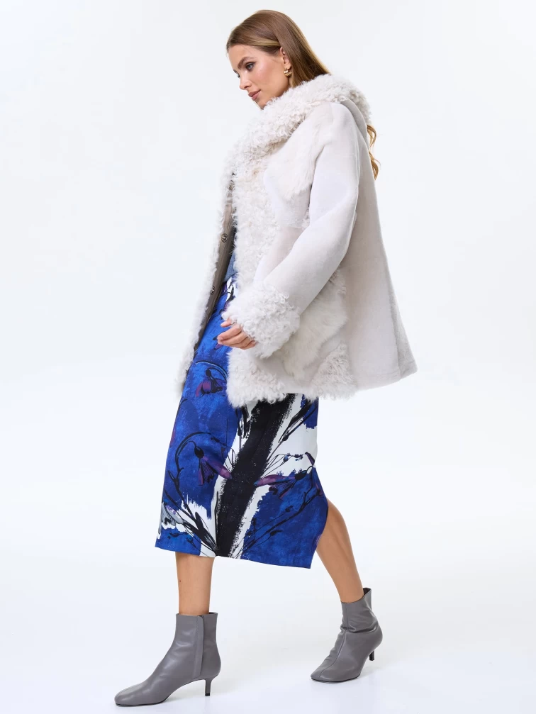 Женское полупальто из натуральной овчины с мехом тиградо премиум класса 2027, белое, размер 44, артикул 64410-1