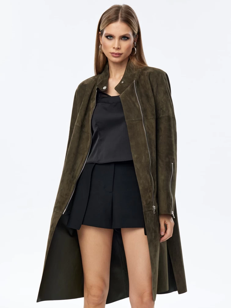 Длинный замшевый плащ оверсайз для женщин премиум класса 3041з, оливковый, размер 54, артикул 23580-3