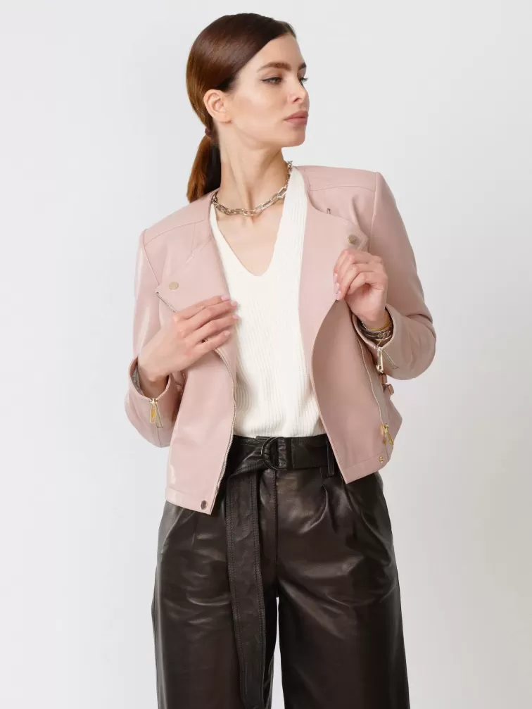 Кожаная женская куртка косуха 389, пудровая, размер 42, артикул 90910-6