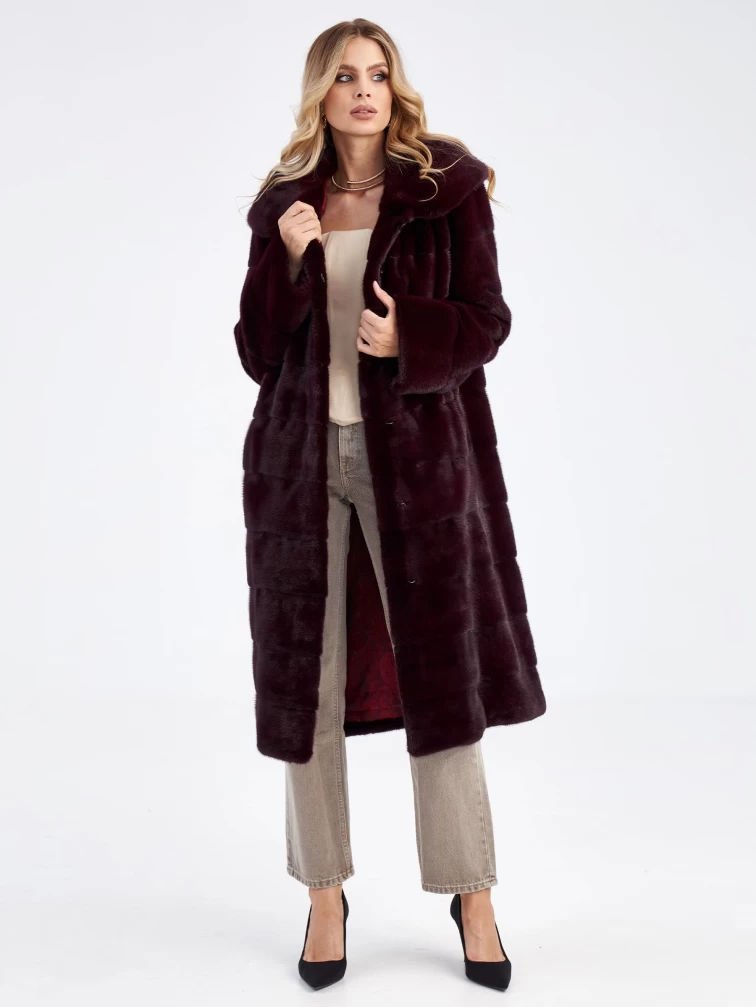 Длинная поперечная шуба из меха норки с капюшоном для женщин 2а(к), бордовая, размер 52, артикул 33850-1