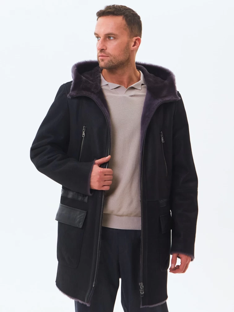 Длинная мужская дубленка с капюшоном премиум класса 429, черная, размер 52, артикул 71460-7