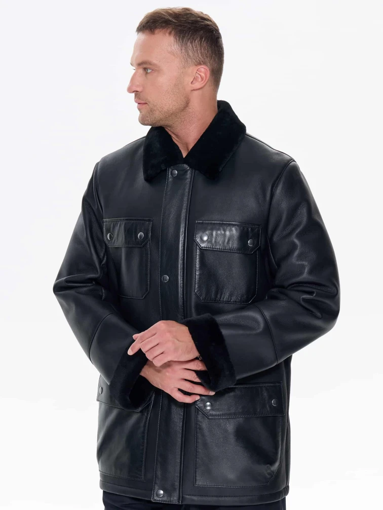 Молодежная мужская дубленка премиум класса 440, черная, размер 48, артикул 41220-7