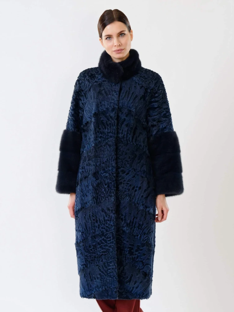 Женская шуба из меха каракуля с мехом норки 17101д(сн), синяя, размер 44, артикул 22580-6