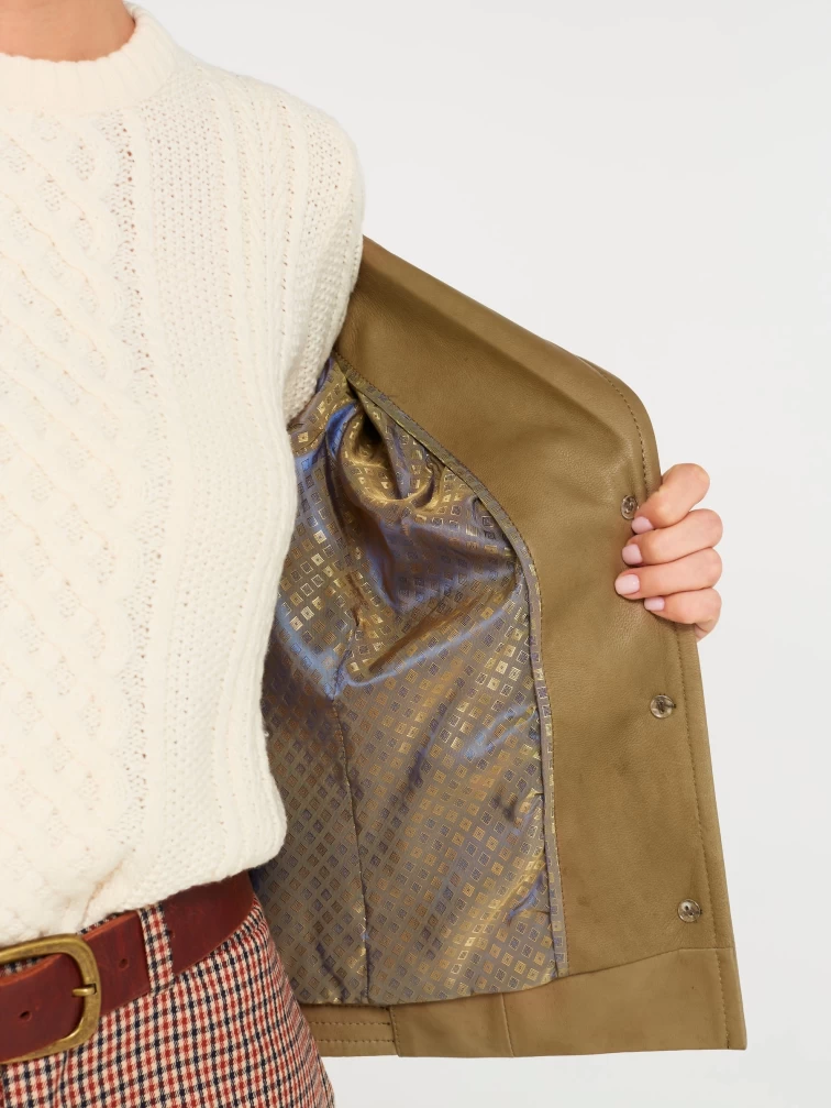 Короткая женская кожаная куртка пиджак 304, серо-коричневая, размер 46, артикул 90560-2