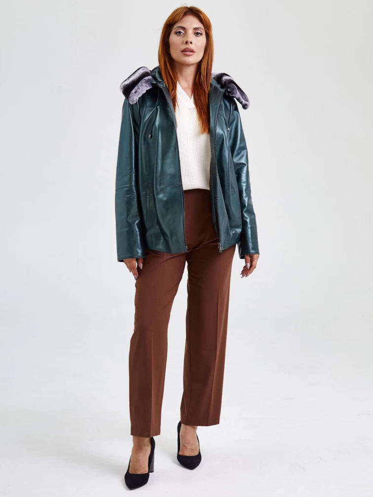 Кожаная женская куртка с капюшоном и мехом "рекса" 308уш, зеленый, размер 56, артикул 91751-5