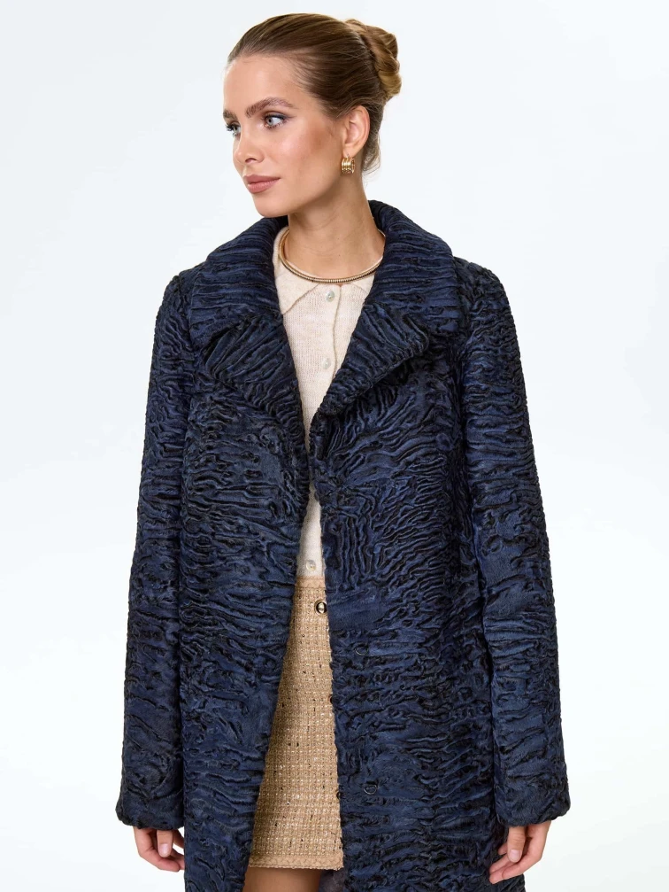 Длинная женская шуба из меха каракульчи премиум класса Лола(ав), синяя, размер 48, артикул 34010-6