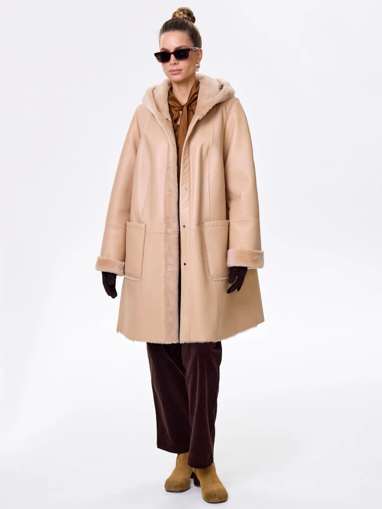 Женская классическая дубленка с капюшоном премиум класса 2004, бежевая, размер 54, артикул 62840-6