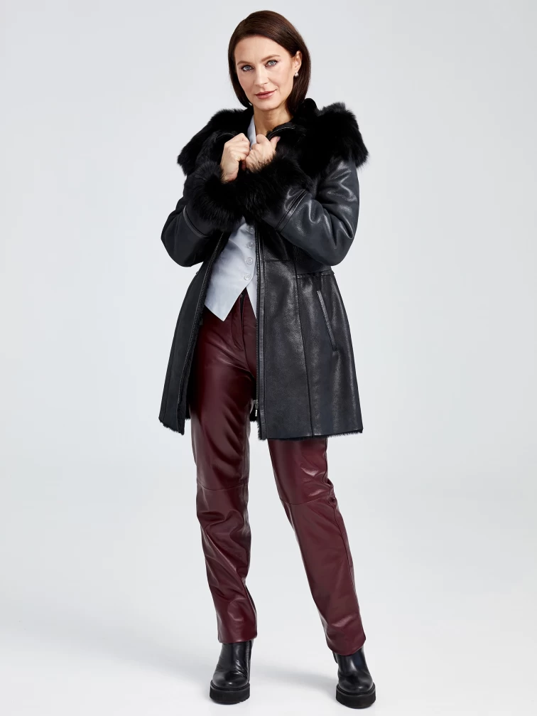 Короткая женская дубленка с капюшоном и отделкой мехом тосканы 254у, черная, размер 40, артикул 62510-6