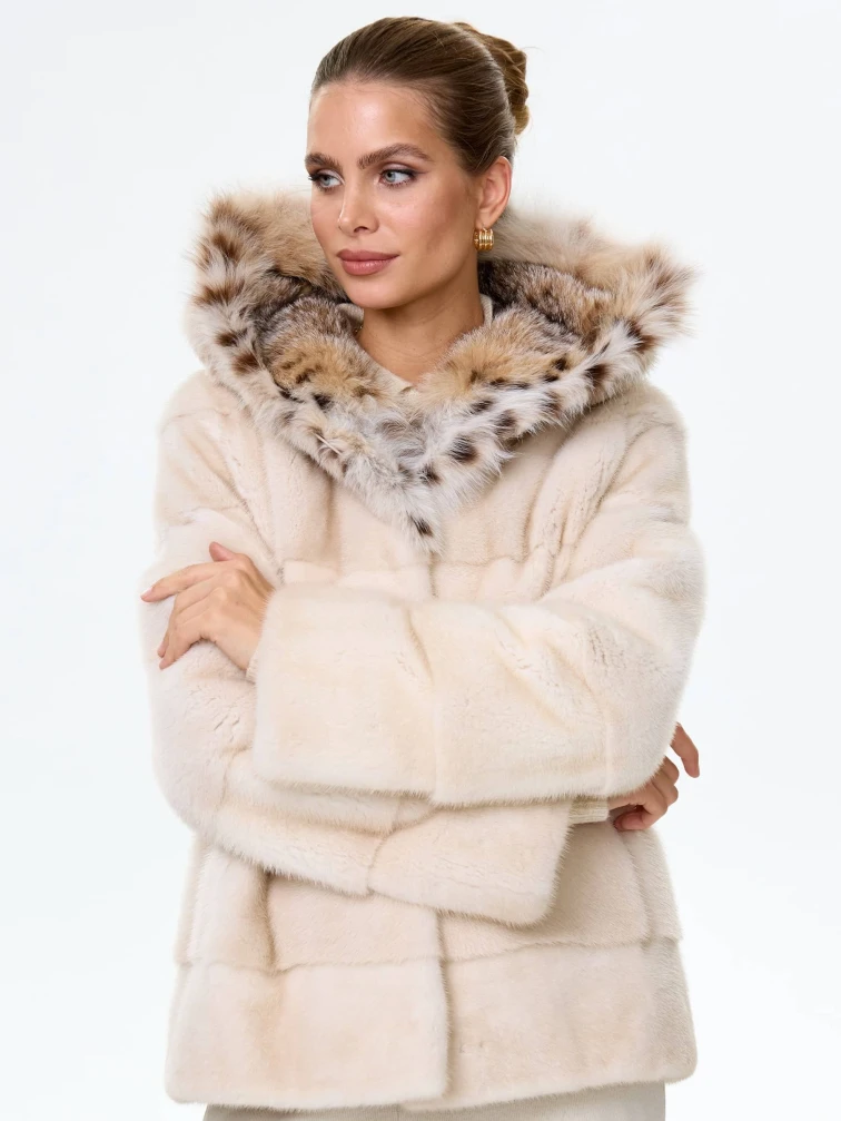 Норковая шуба женская с капюшоном и отделкой рысевидной кошкой Юля(к), жемчужная, размер 48, артикул 34130-4