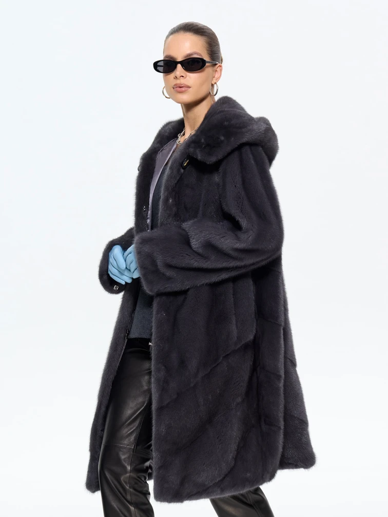Женская норковая шуба с капюшоном М-101-9- 708, графитовая, размер 52, артикул 65370-1