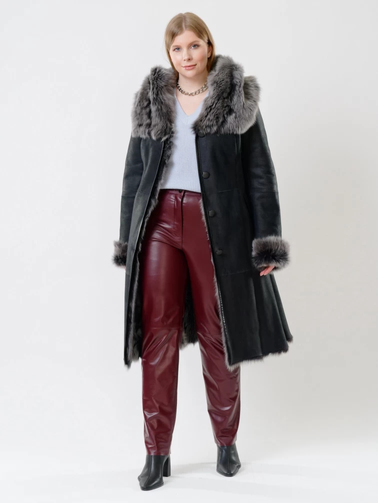 Женская длинная дубленка из тосканы с капюшоном 131, черная, размер 50, артикул 62100-4