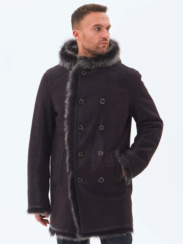Двубортная мужская дубленка из тосканы с капюшоном премиум класса 415, коричневая, размер 52, артикул 71600-0