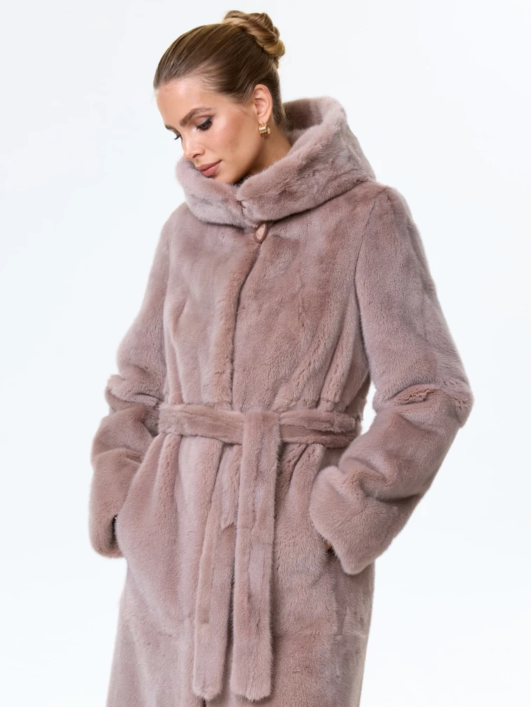 Норковая шуба женская с капюшоном под пояс Лолита(к), пудровая, размер 46, артикул 34170-3