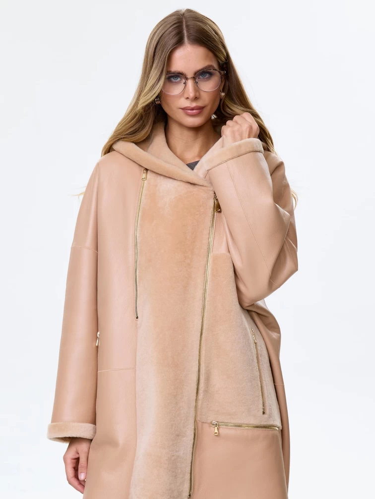 Молодежное полупальто из натуральной овчины для женщин с капюшоном премиум класса 2056, бежевое, размер 48, артикул 64350-4