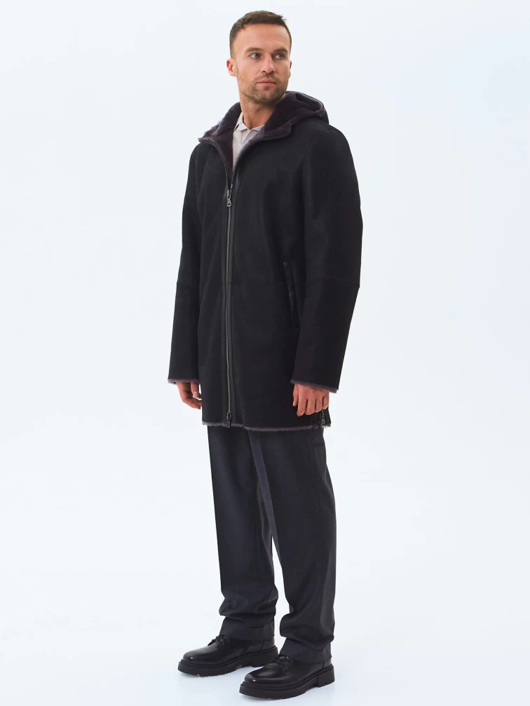 Длинная мужская дубленка из натуральной овчины премиум класса 438, черная, размер 52, артикул 41190-7