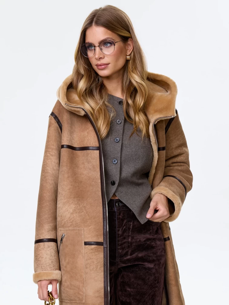 Длинное женское пальто с капюшоном из натуральной овчины премиум класса 2061, светло-коричневое, размер 44, артикул 64440-0