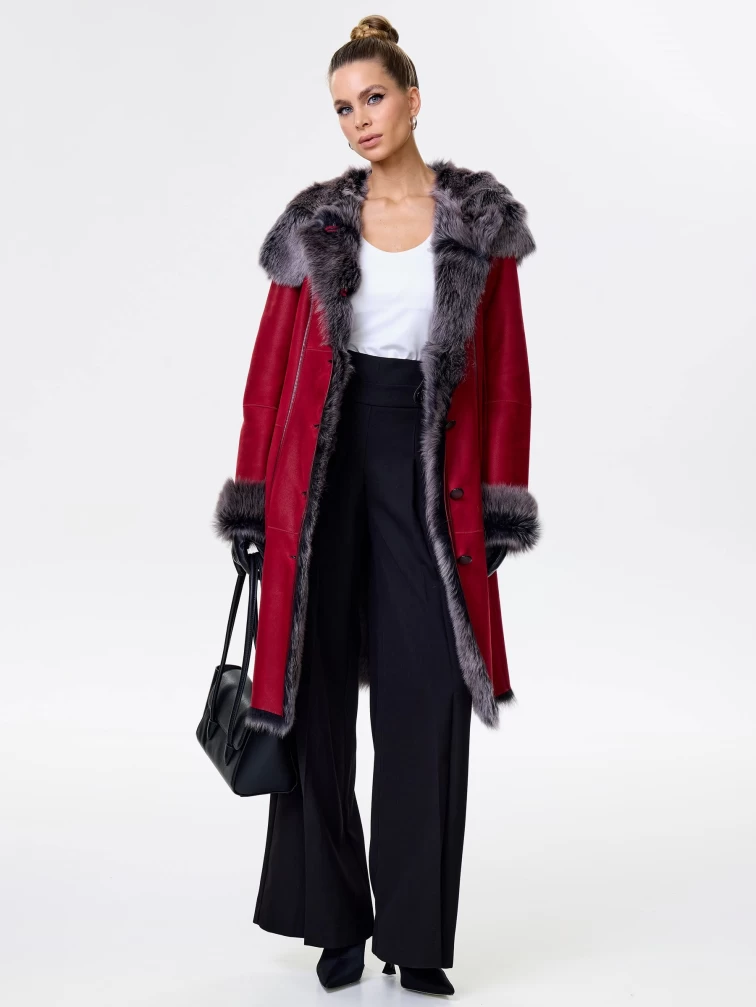 Длинная женская дубленка из тосканы с капюшоном 123нк, красная, размер 50, артикул 61903-6