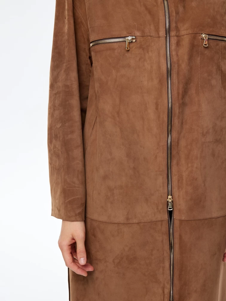 Длинный замшевый женский плащ оверсайз с капюшоном на молнии премиум класса 3058з, светло-коричневый, размер 52, артикул 23560-4