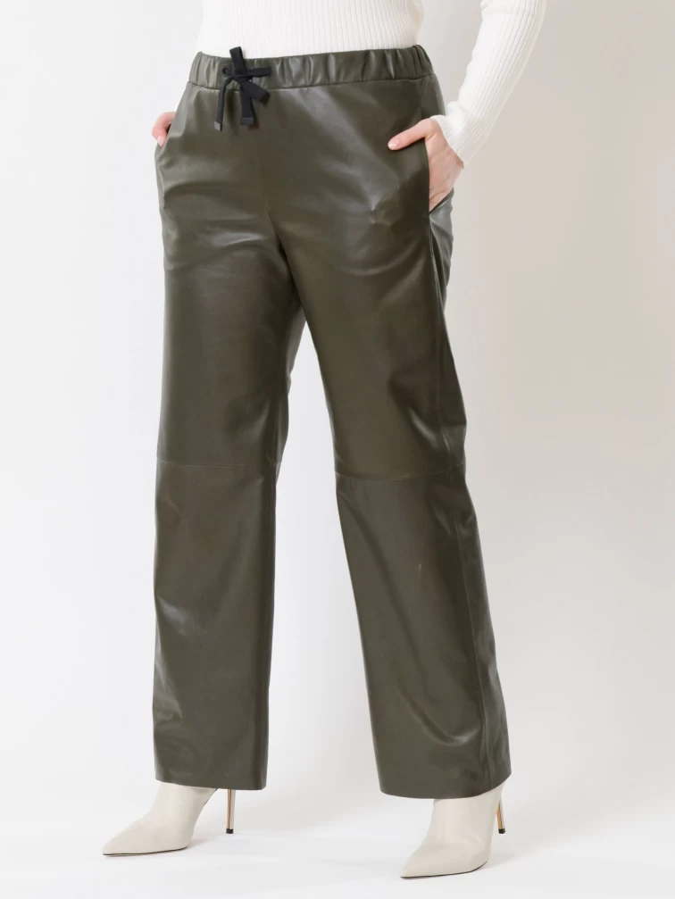 Кожаные широкие женские брюки 06, оливковые, размер 48, артикул 85510-4