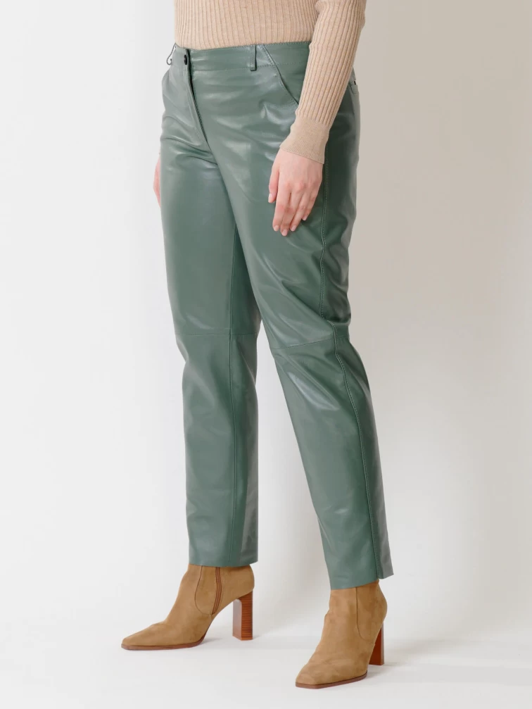 Зауженные женские кожаные брюки 03, оливковые, размер 44, артикул 85381-5