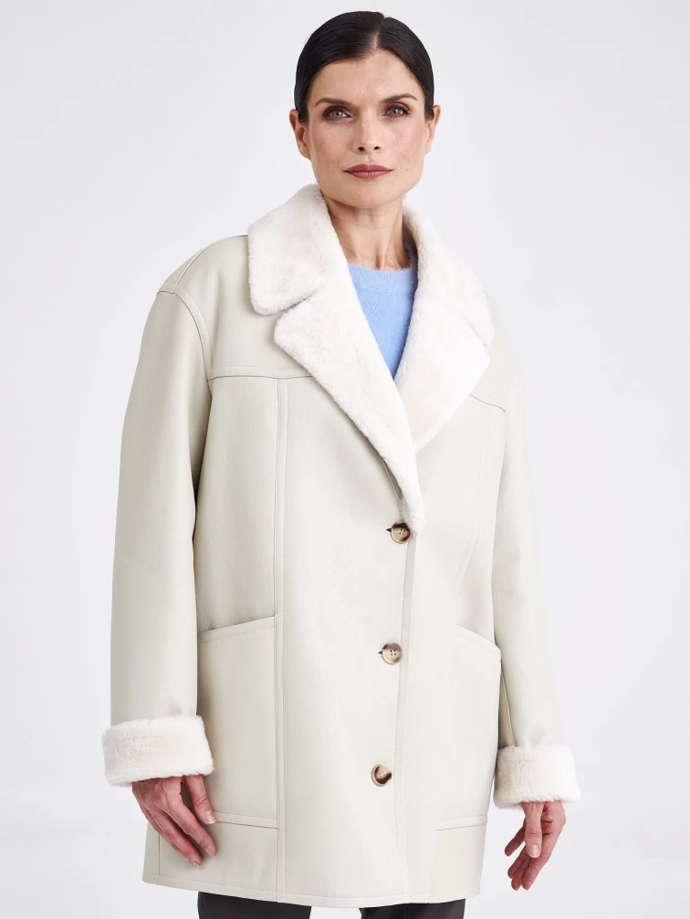 Короткая женская дубленка пиджак с поясом премиум класса 2011, белая, размер 48, артикул 62670-0