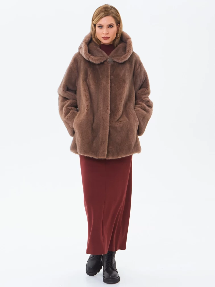 Женская норковая шуба с капюшоном премиум класса Жанет(к), бежевая, размер 58, артикул 34220-2