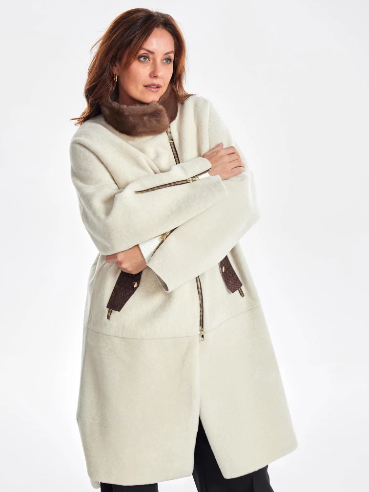 Женское пальто из меховой овчины с воротником из меха норки премиум класса 2022, белое, размер 48, артикул 63300-5