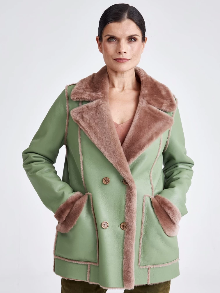 Двубортная короткая женская дубленка премиум класса 2010, оливковая, размер 48, артикул 62640-3