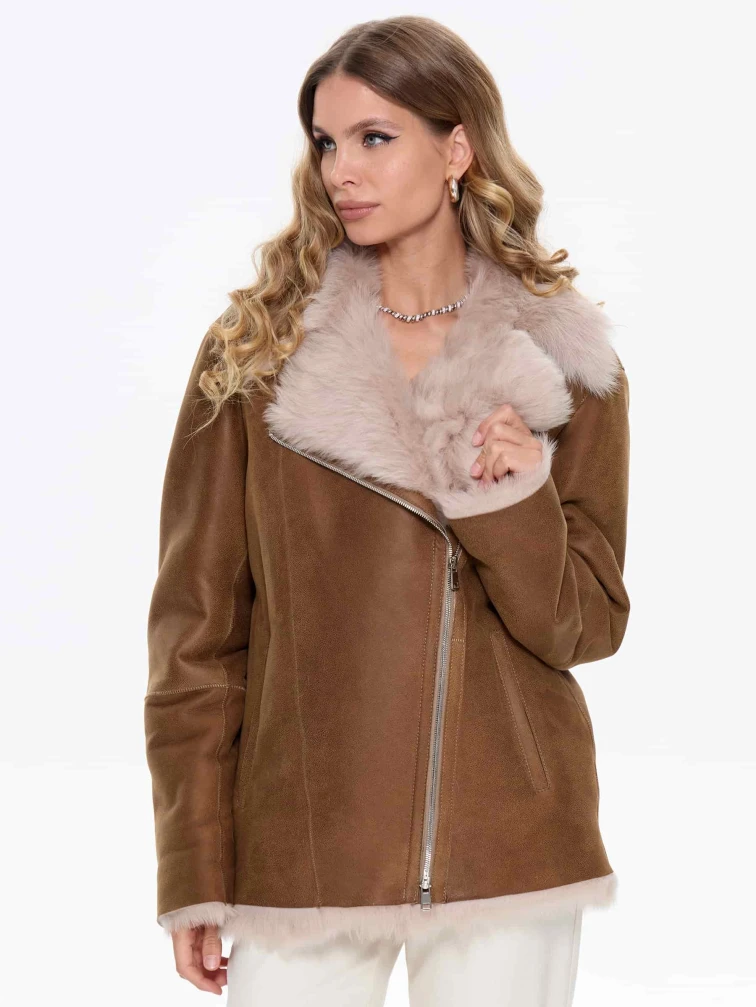 Короткая женская дубленка из тосканы 2068, бежевая, размер 56, артикул 64730-7