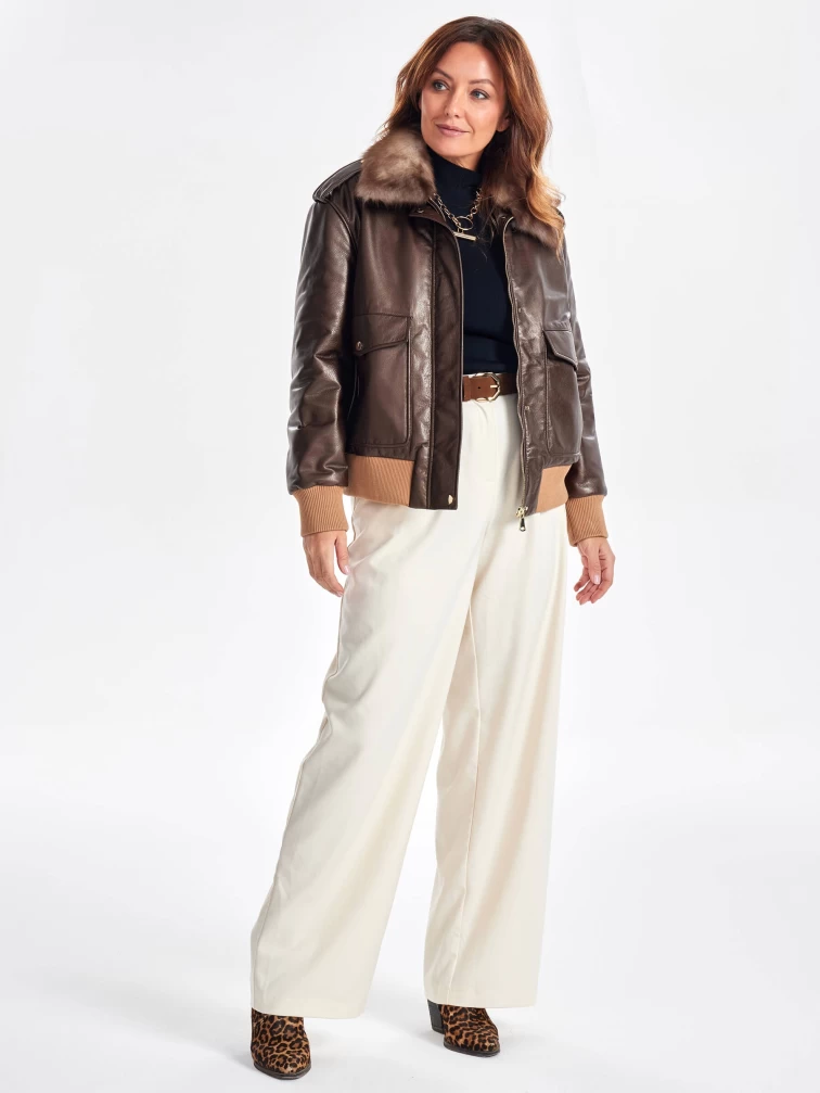 Женская утепленная куртка бомбер с воротником меха куницы премиум класса 3076, коричневая, размер 48, артикул 25520-6